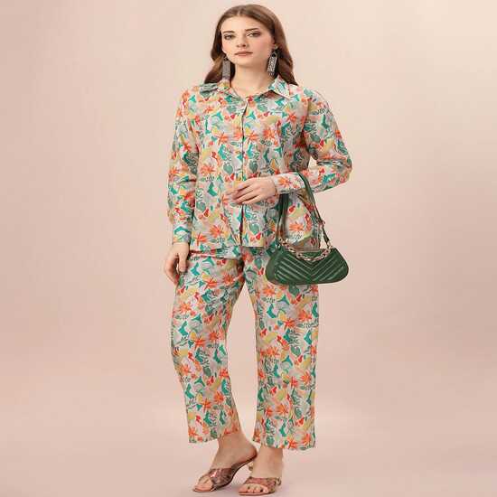 

Женский комплект с тропическим цветочным принтом | Рубашка с длинным рукавом и прямые брюки XXL