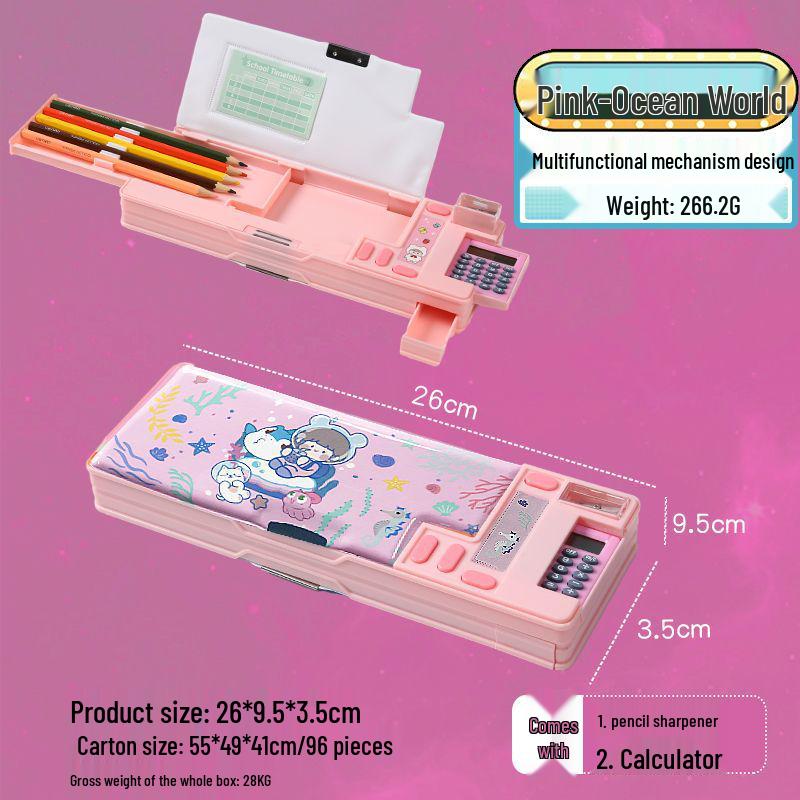 Многофункциональный двусторонний магнитный пенал с калькулятором для учеников начальной школы 26*9.5*3.5cm