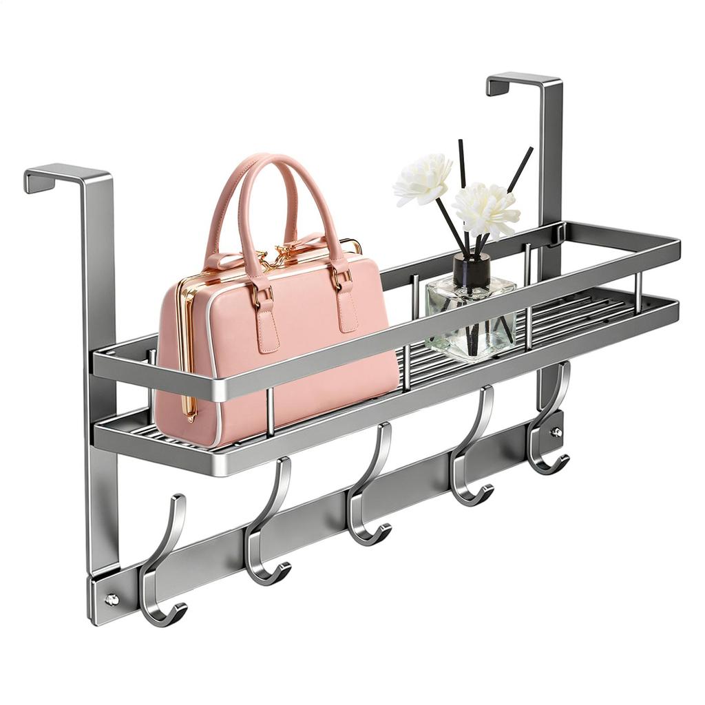 Over The Door Organizer Carbon Steel Bathroom Door Towel Rack No Drilling Hanging Rack With Basket And Hooks For Clothes Bag Key