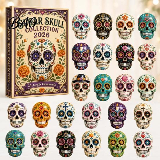 Halloweenový adventní box Kalendář Dne mrtvých, 24denní sada akrylových ozdob s uměleckými svátečními motivy lebky a aksamitníku pro rozbalování, na zavěšení na stromek