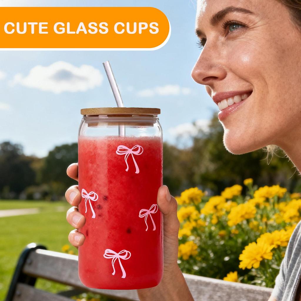 Glasses with Lids and Straws 500ml Bow Glassware Drinking Mug for Iced Coffee Cocktail Matcha Tea Drinking Water Teen Girls Home