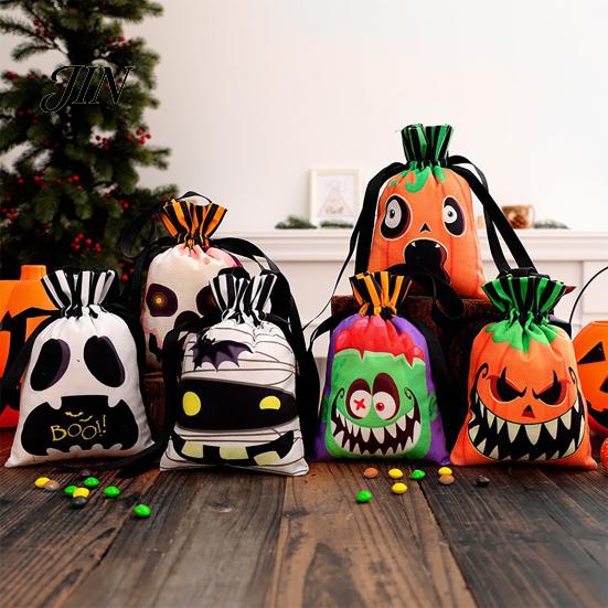 Holiday Themed Candy Holder Halloween Pumpkin Ghost Tote Bag, Trick or Treat Bag with Double Sided Print Side Print, Sturdy Reusable Party Favor Gift