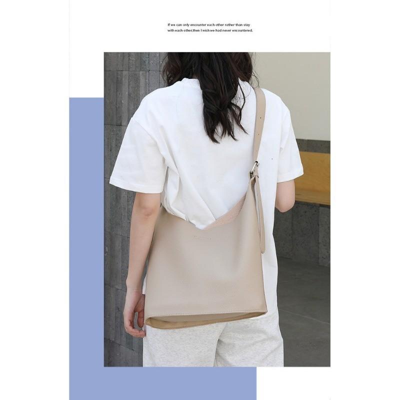 IELGY Korean version of casual retro bucket bag, fashionable lychee pattern child and mother bag, soft leather shoulder messenger women's bag