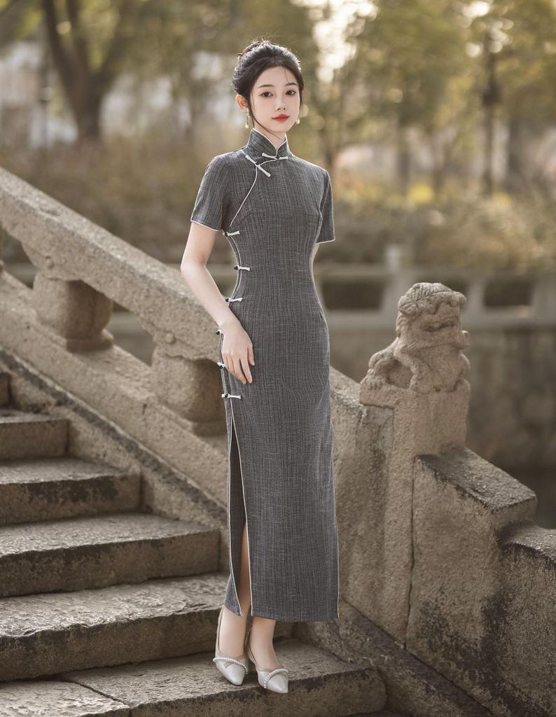 2024 Spring/Summer Floor-Length Chinese Style Qipao: Comfortable, Breathable, Daily Wear with Full Opening