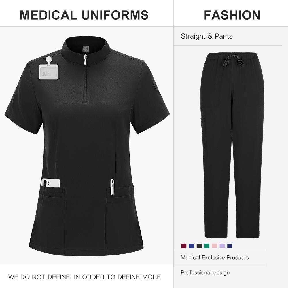 Zippered Stand-Up Collar Scrub Suit with Straight-Leg Pants In Solid Color for Healthcare Professionals