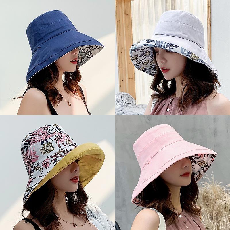 Wide Brim Cotton Summer Hat Women Packable Reversible Floral Bucket Hat UV Sun Protection Wide Brim Summer Beach Cap Double Sided Floppy Sun Hats KTY