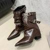2025 Autumn and Winter New Pointed Thick Heel Trousers Boots Women's Giant Good-looking Short Boots Pleated High Heel Boots Retro West