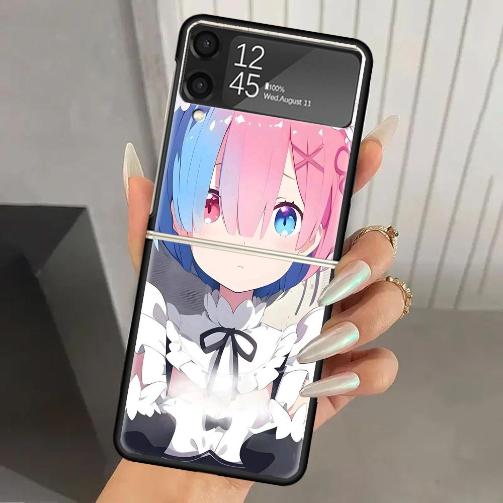 R-Rem Re Zero Anime Hard PC Phone Case For Samsung Galaxy Z Flip 7 6 5 4 3 Black ZFlip7 ZFlip6 Flip5 Flip4 Flip3 5G Print Cover