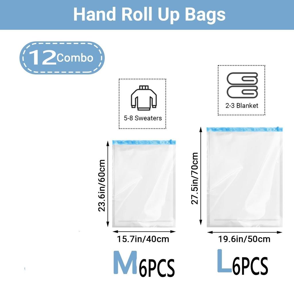 12 Roll Up Space Saver Travel Storage Bags Travel Accessories Compression Bag for Packing & Clothes, No Pump or Vacuum Needed