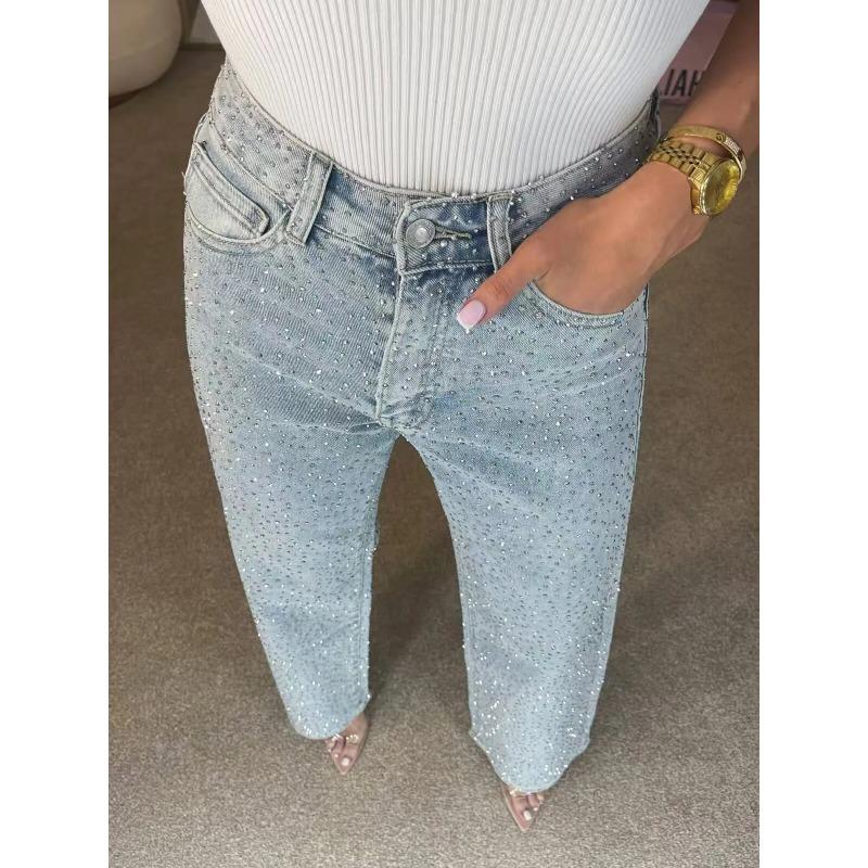 Shiny Rhinestone Jeans Pants Sexy Women High Waist Elegant Night Club Diamonds Denim Straight Trousers