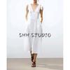 Spring and Summer New Women's Clothing Pleated Decorative Deep V Neck Bowknot Decoration Poplin Midi Skirt Dress 0881334