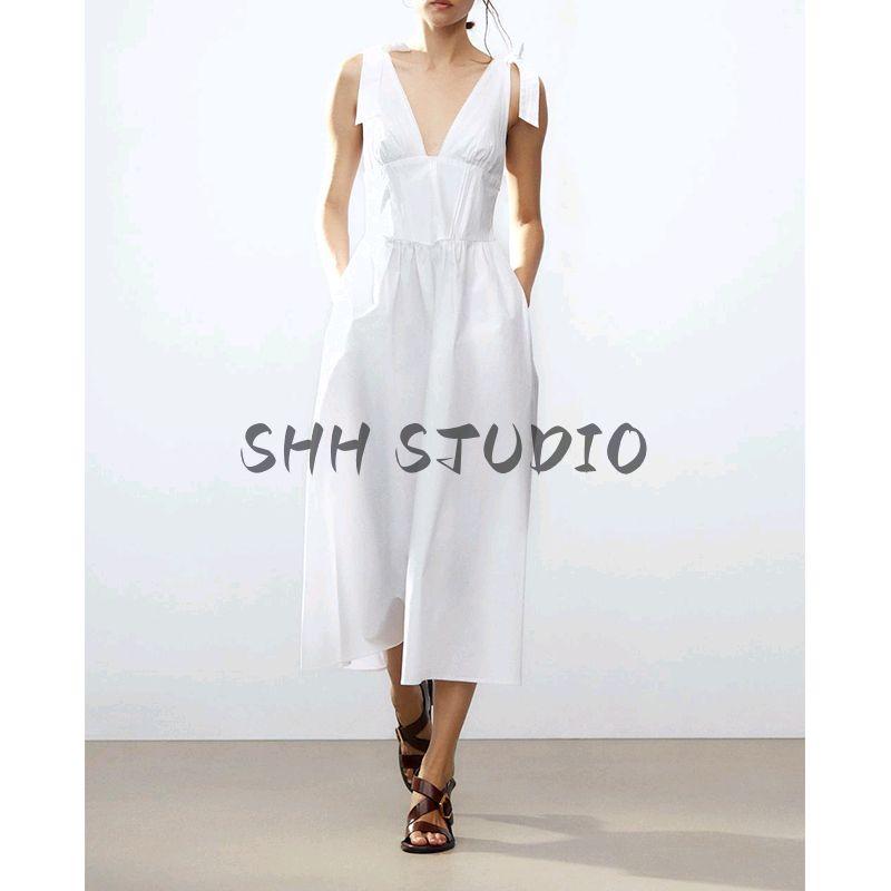 Spring and Summer New Women's Clothing Pleated Decorative Deep V Neck Bowknot Decoration Poplin Midi Skirt Dress 0881334