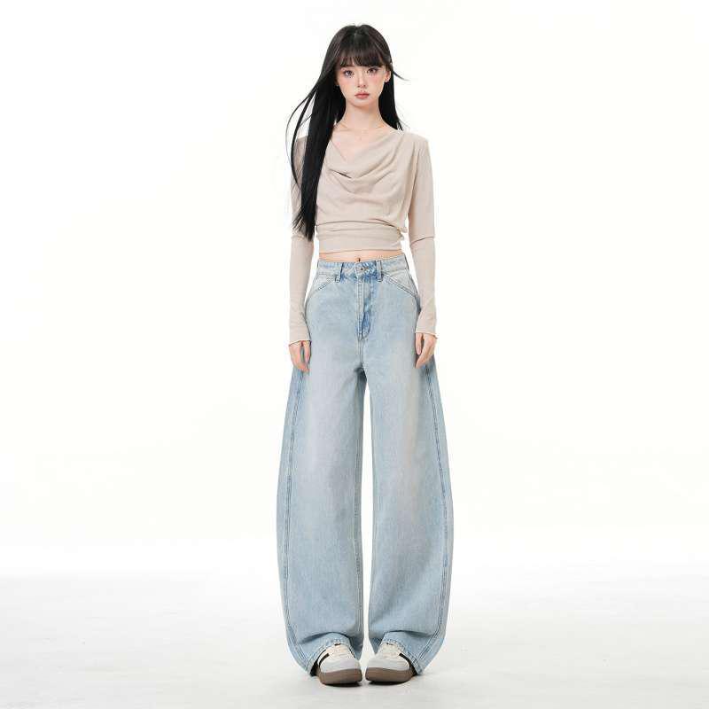 High Waist Retro Light Blue Wide-Leg Women s Slimming Floor-Length Pants Large