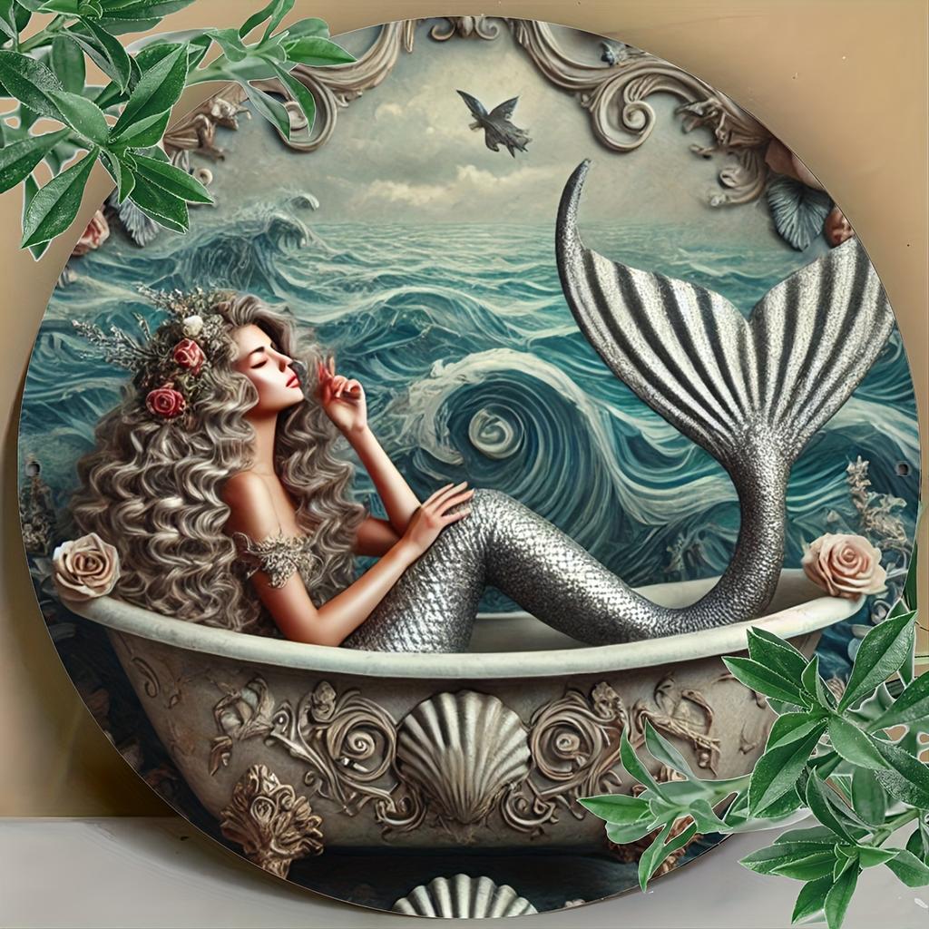 Waterproof Mermaid Metal Wall Art - Oceanic Bliss, Classic Style Round Decorative Sign for Indoor/Outdoor Home and Office Decor