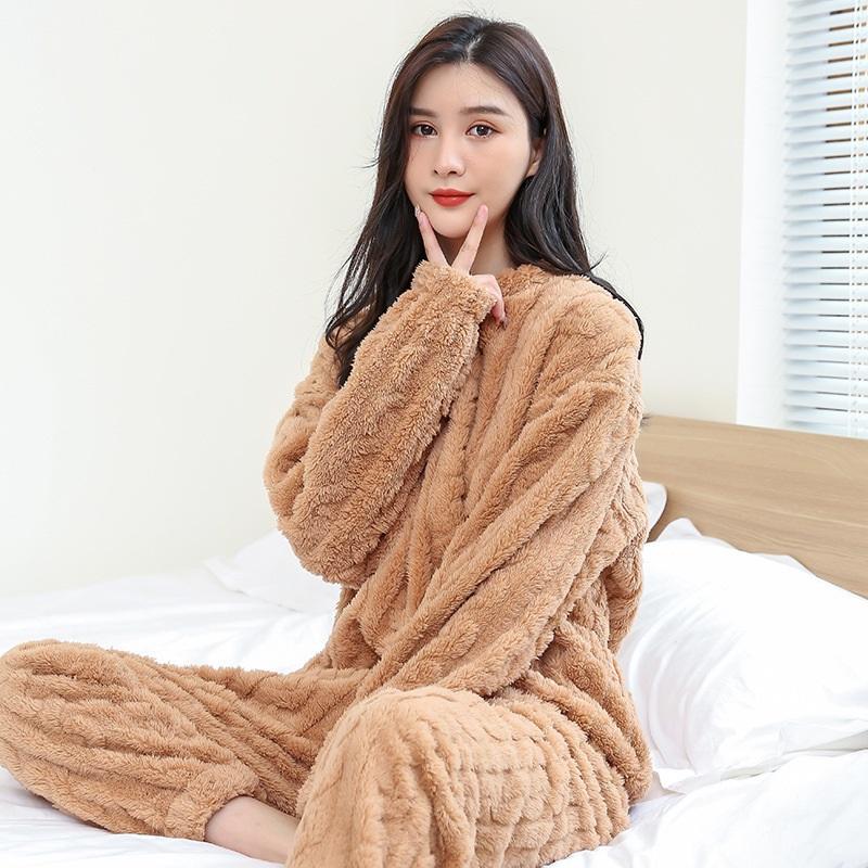 Winter Solid Color Jacquard Men's And Women's Pajama Set Cozy Thickened Warm Homewear Sleepwear Loungewear Set