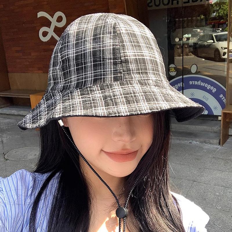 Japanese Style Retro Plaid Double Sided Fisherman's Hat New Fashionable Outdoor Large Brimmed Sun Hat Sun Protection Basin Hat Trendy