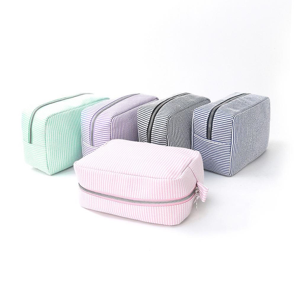 Contrast Color Striped Cosmetic Bag for Women Daily Casual Soft Zipper Makeup Storage Bag Portable Travel Outdoor Toiletry Bags