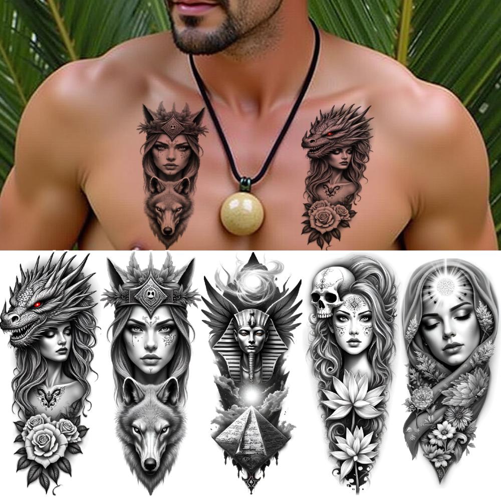3pcs Temporary Tattoo Fantasy Tattoos Waterproof Long-lasting Body Stickers Warrior Tattoos Black And Grey Realism For Arms