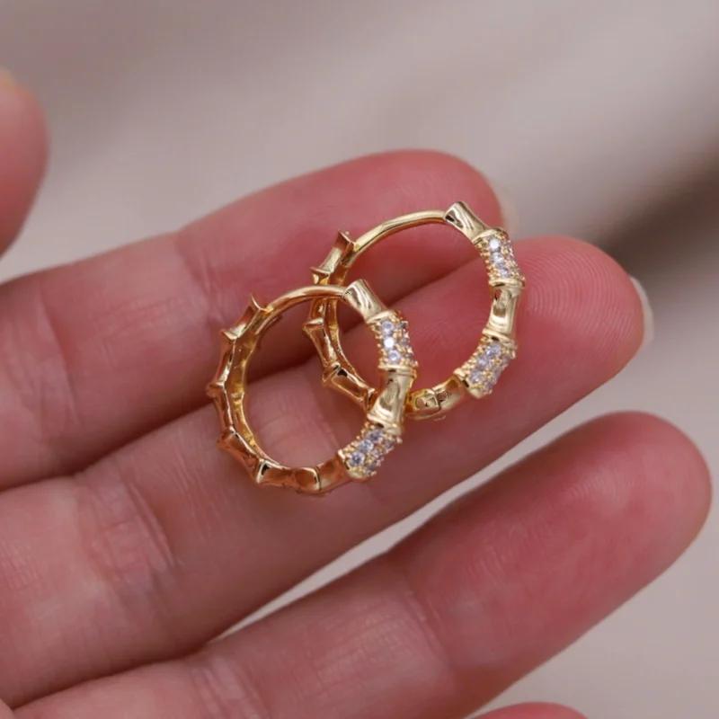 2025 French new design fashion Zircon 14K gold plated round zircon bamboo hoop earrings elegant women's daily work accessories