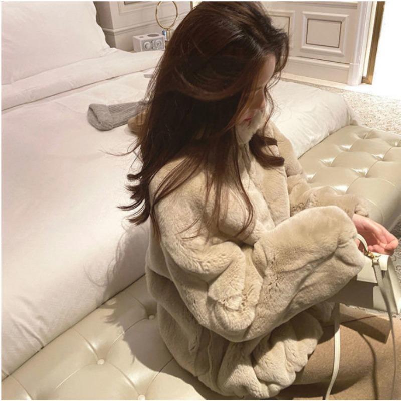 

Зимнее новое пальто средней длины с капюшоном и утолщенной подкладкой из искусственного кроличьего меха рекс, женское свободное плюшевое меховое пальто, тренд M