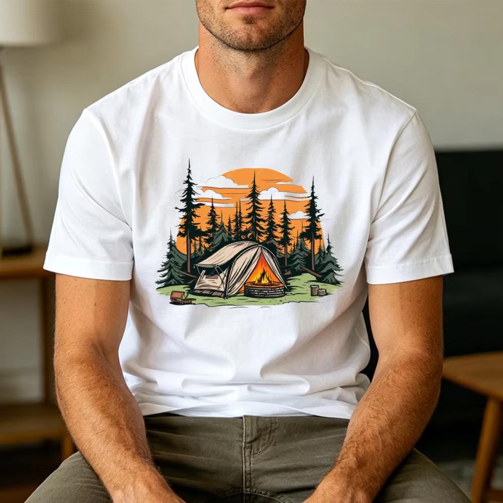 Sunset Forest Camp Tent Bonfire Graphic Tee Unisex Cool Outdoor Lifestyle T Shirt Relaxing Nature Vacation Clothes Tops