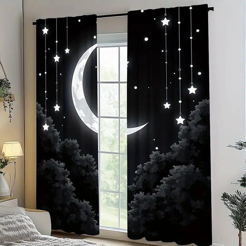 Starry Night Moon and Forest - Pole Bag Curtains, Bedroom and Living Room Decoration, Home Decoration, Living Room Decoration