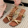 Eilyken Street Style Crystal Hollow Out Square Toe High Heels Women Sandals Buckle Strap Banquet Party Shoes