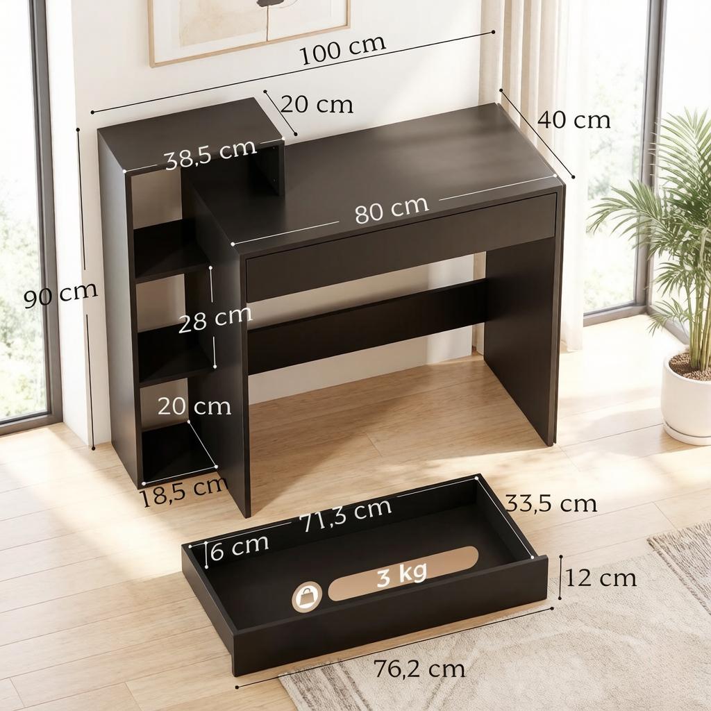 Desk with storage, computer desk with 3 storage shelves and drawer