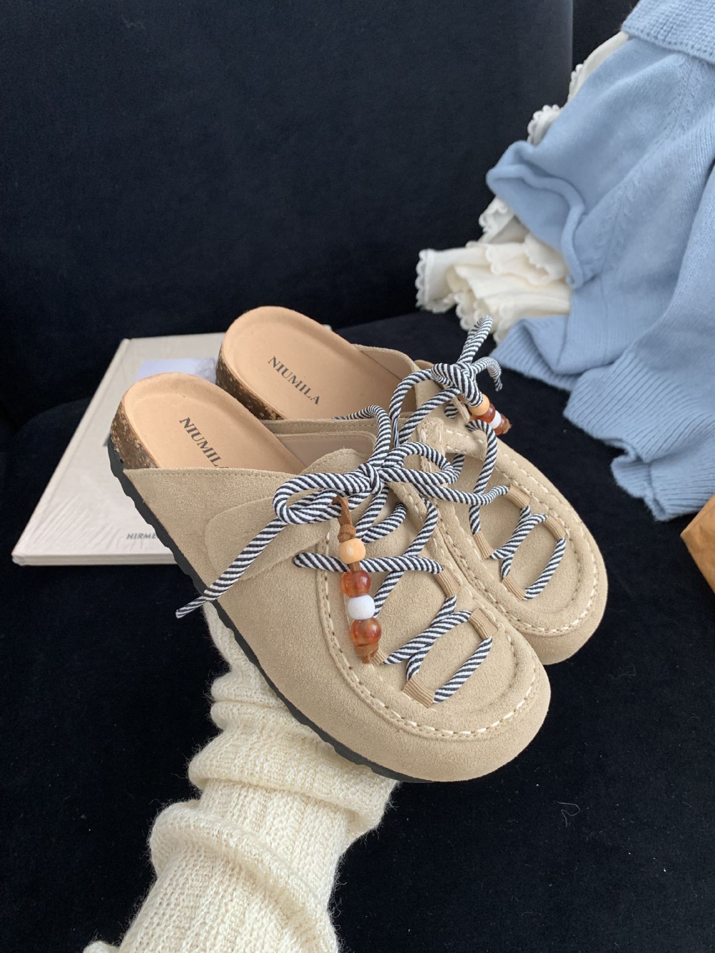 Ретро шлепанцы на толстой подошве с бусинами Birkenstock женские 2025 осень новинка ленивые туфли Birkenstock на одной педали 35
