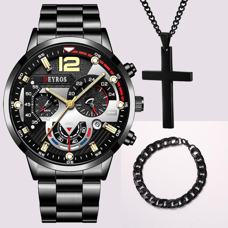 3 stk/sett, 1 stk Herre Quartz Armbåndsur & 1 stk Armbånd & 1 stk Halskjede Sett, Ideelt Valg for Gaver Til Menn