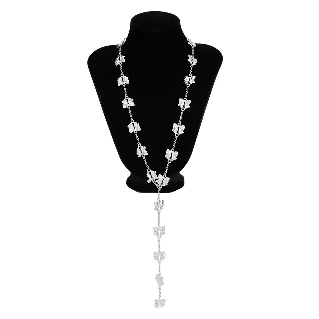 Temperament Fashion Bow Cross Necklace Simple Imitation Pearl Tassel Long Section Collarbone Chain