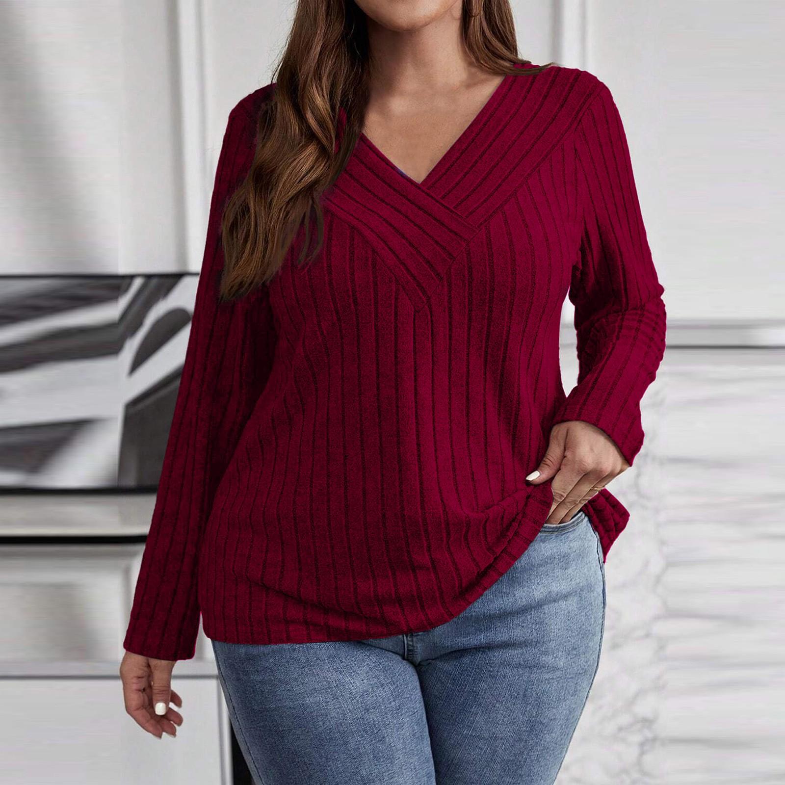 

Women s Color Plus Size Cross V-Neck Long Sleeved Pullover T-shirt Top XL червоний