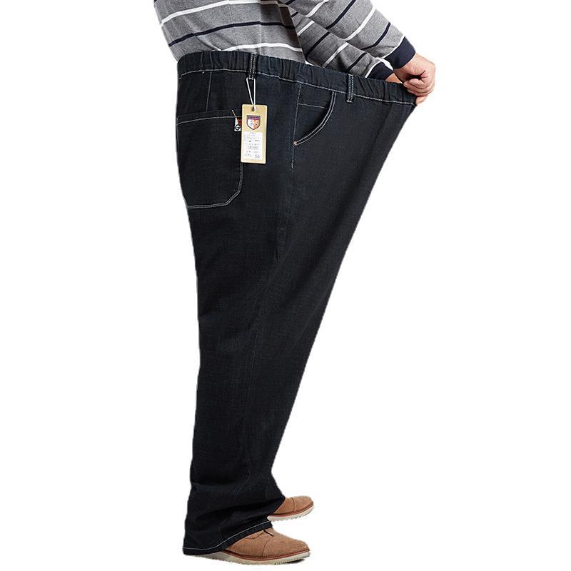 Plus Size Men's Straight-Leg High-Waisted Denim Trousers with High Elasticity