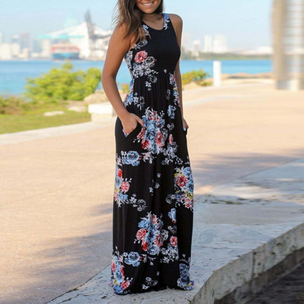Summer Women's Elegant Casual Sleeveless Floral Printed Beach Dress Long Sundress