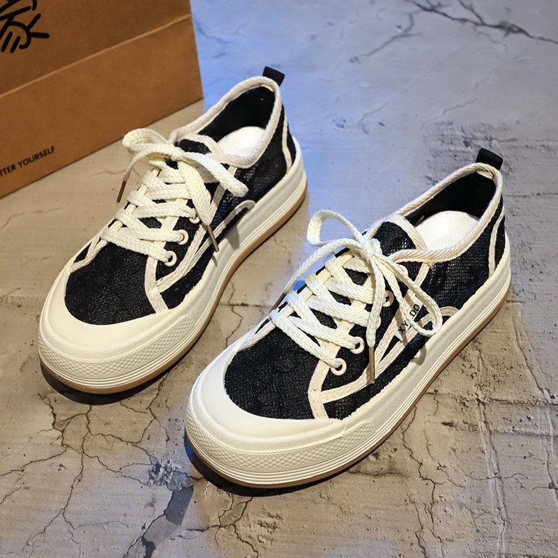 Ladies Footwear Black High on Platform Women's Canvas Shoes Hollow Summer Y2k Fashion Trends 2025 New in Cheap Original Casual