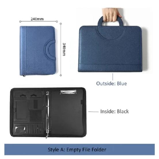 PU leather A4 zipper calculator binder conference file pad folder briefcase tablet portable circular handle file bag Blue-A