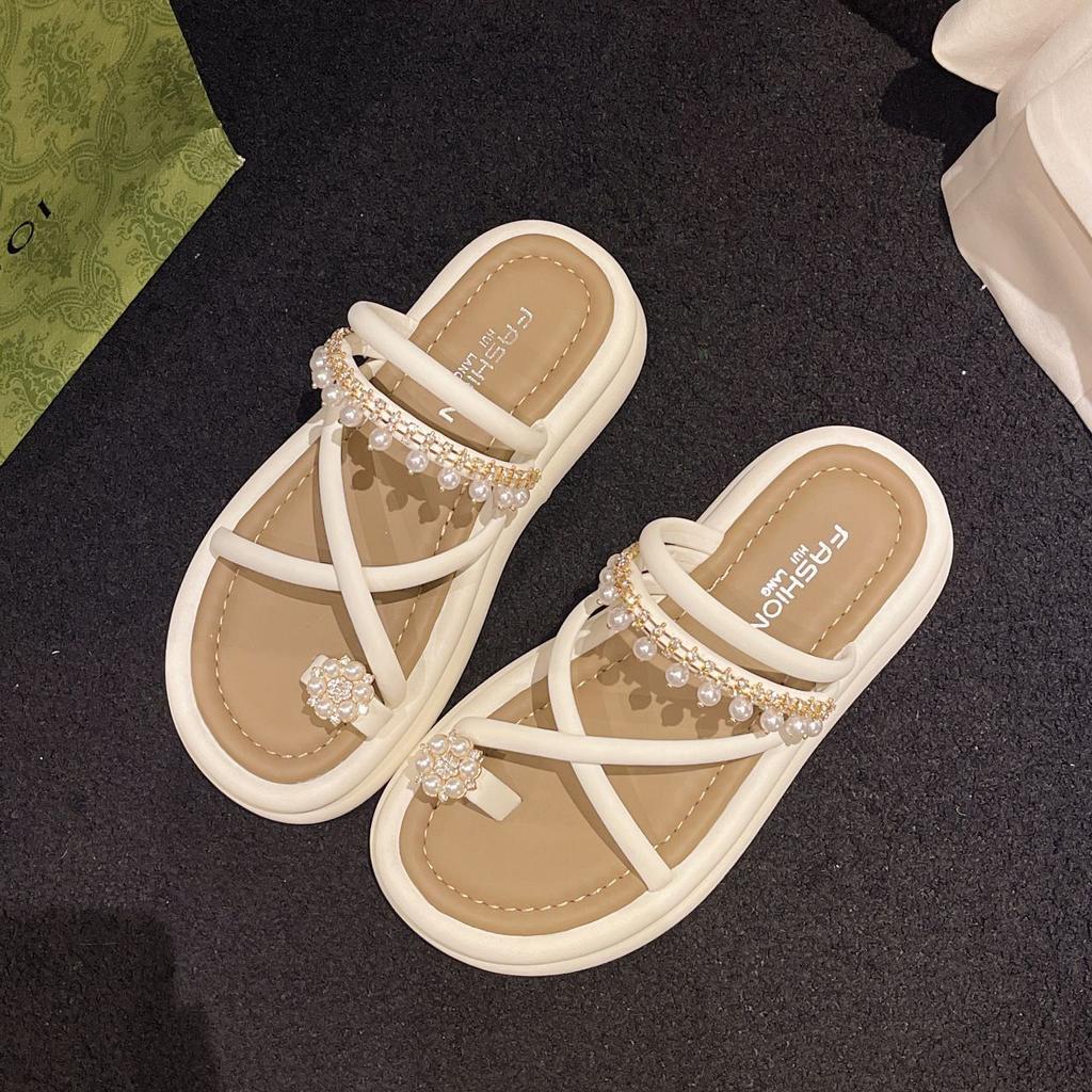 Fairy wind cover toe cool slippers female outer wear 2025 summer new round head two wear pearl muffin platform sandals