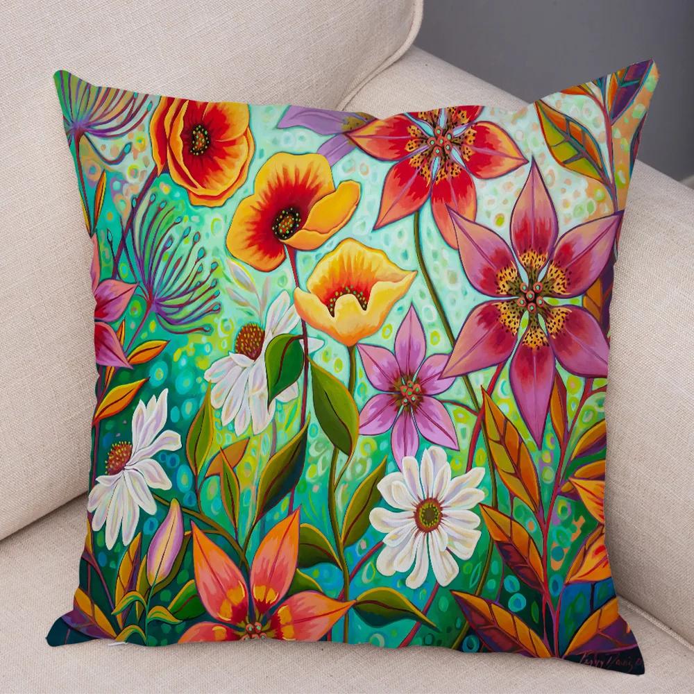 Nordic Watercolor Flower Pillowcase Soft Plush Decor Cartoon Floral Plant Cushion Cover for Sofa Home Children Room Pillow Case