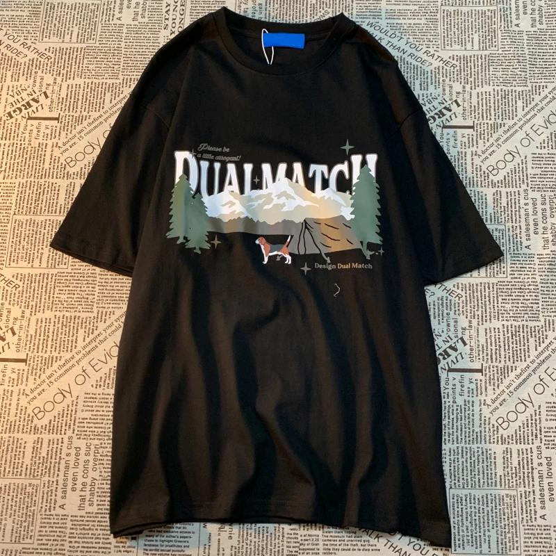 

The Puppy At The Mountaintop American Retro Cartoon Print Short Sleeved T-shirt Men women Trendy Loose And Versatile Couple Tee XXXXXL чёрный