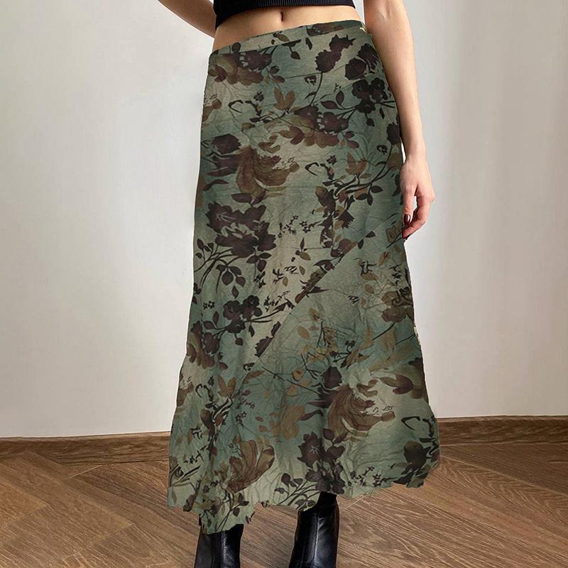 Mori Style Retro Print High Waist Pleated A-line Skirt for Women