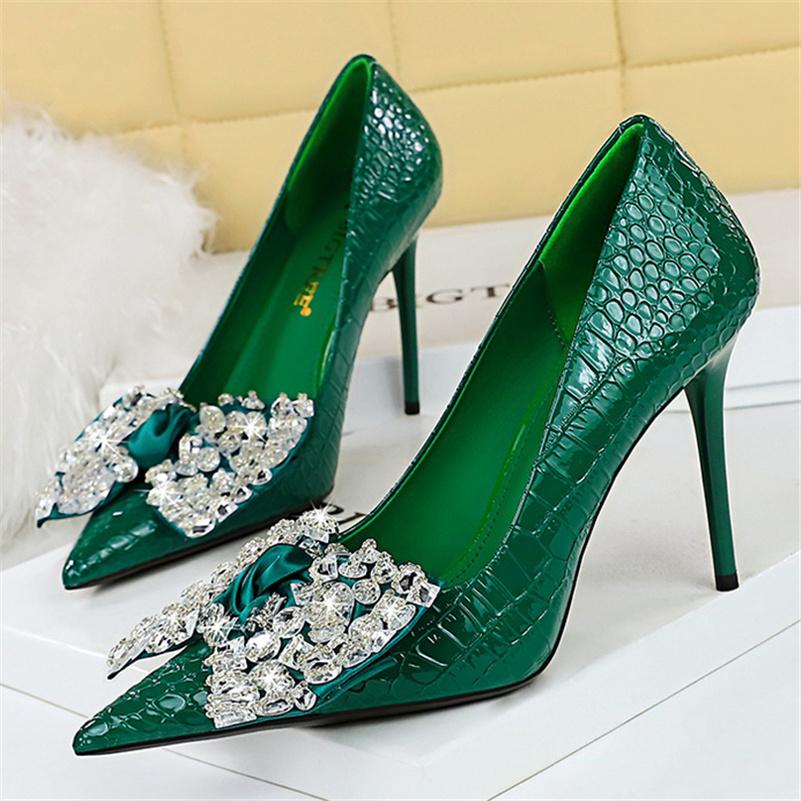 Buy BIGTREE Women 10cm High Heels Pumps Women Dress Shoes Pointed Toe  Butterfly Knot Green Nude Heels Office Lady Serpentine Rhinestone Wedding  Prom Shoes at affordable prices  free shipping, real reviews