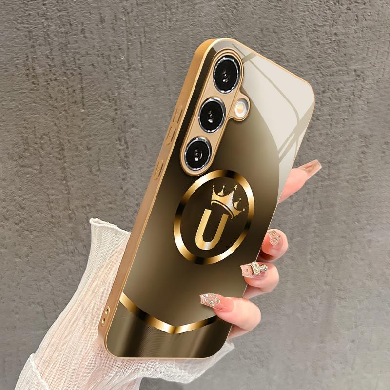 Gold Crown U Logo 2D Phone Case for Samsung S26 S25 S24 S23 S22 S21 S20 A56 A36 A16 - Golden Glass Protective Cover
