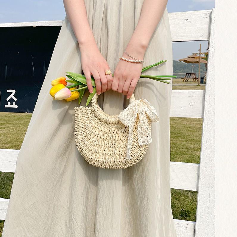 Half-Round Straw Woven Crossbody Bag - Casual Beach-Style Handbag for Women
