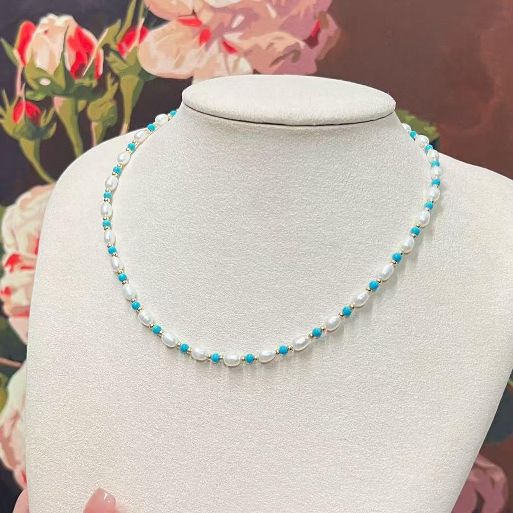 Turquoise natural freshwater pearl necklace female versatile high sense light luxury new Chinese dopamine beaded collarbone chain
