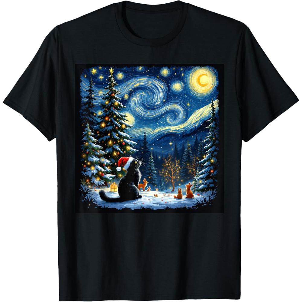 Black Cat Starry Night Van Gogh Christmas Tree Winter Scene T-Shirt XXL чёрный