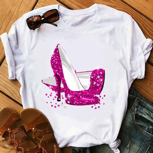 

Kpop Korean Fashion High Heels Graphic Woman T-Shirt 90S Summer Loose Short Sleeve O-Neck Female Tops Kawaii Clothes S білий