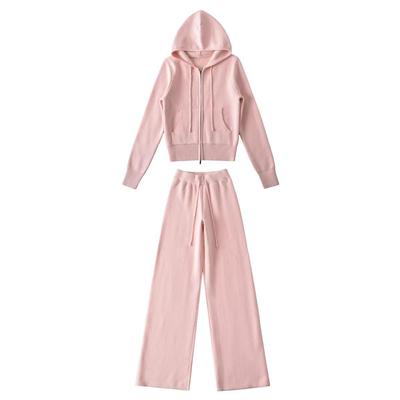 Airy Knit Set: Hooded Zip-Up Sweatshirt & Casual Low-Waist Wide-Leg Pants