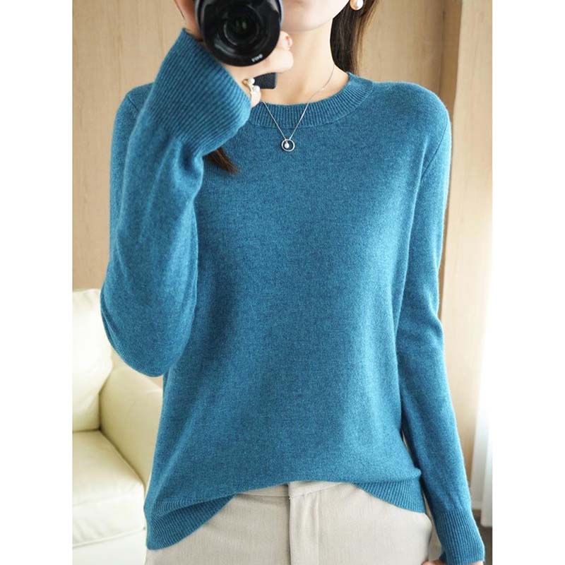 Women's O-Neck Thin Sweaters Solid Color Print Pullovers Fashion Casual Autumn Winter Long Sleeve Pull Jumper Commuter Knitted Base Shirt