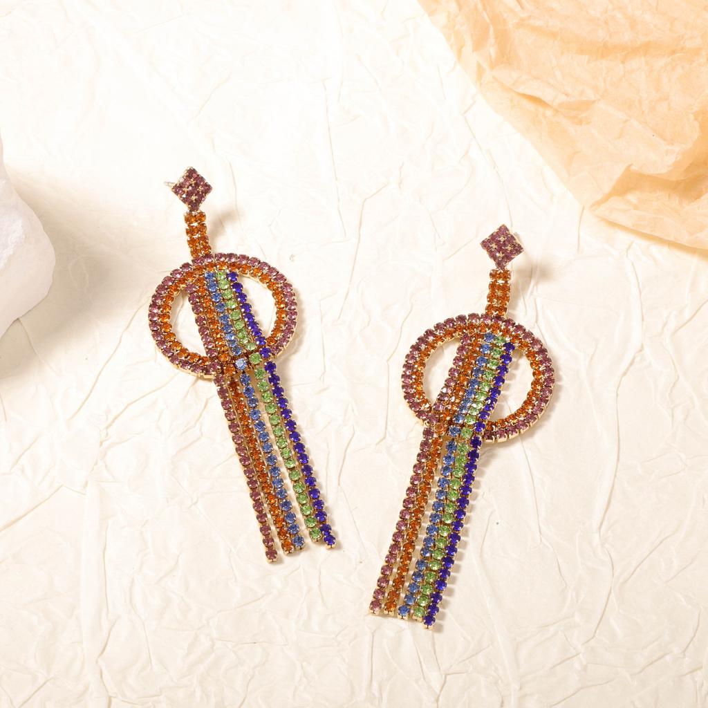 Bohemian personality retro trend full diamond geometric long fringed earrings exquisite high design women