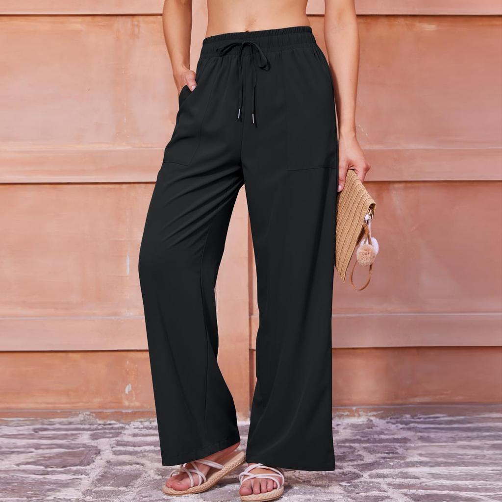 Womens Wide Leg Palazzo Pants High Waisted Adjustable Tie Knot Flowy Trousers Casual Loose Pant With Pockets